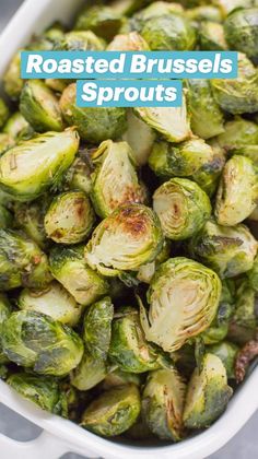 brussel sprouts in a white casserole dish