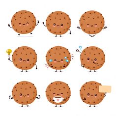 a set of cartoon chocolate chip cookies with different expressions and gestures, including one holding a light bulb