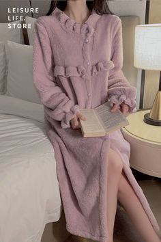 Elevate your comfort with our Lavender Cute Lounge Robe, complete with a lace-embellished nightdress. This Lavender Housecoat adds a touch of charm to your lounging experience. Shop now for the ultimate in cozy and feminine relaxation. Discover #ElegantLoungewear. Purple Long Sleeve Nightgown For Sleep, Feminine Long Sleeve Sleepwear For Sleepover, Long Sleeve Ruffled Sleepwear For Home, Feminine Long Sleeve Sleepwear With Ruffles, Feminine Long Sleeve Ruffled Sleepwear, Long Sleeve Winter Sleep Robe, Long Sleeve Ruffled Nightgown For Loungewear, Winter Loungewear Nightgown, Pink Ruffled Long Sleeve Sleepwear