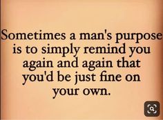 a quote that reads, sometimes a man's purpose is to simply remind you again and again that you'd be just fine on your own