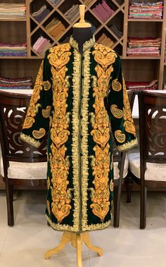 Green Velvet Coat Long Coats Embroidered Coat for Woman | Etsy Fitted Winter Outerwear With Dabka Work, Elegant Long Sleeve Outerwear With Multicolor Embroidery, Elegant Multicolor Embroidered Long Sleeve Outerwear, Green Embroidered Long Sleeve Bandhgala, Elegant Multicolor Embroidered Outerwear, Elegant Long Sleeve Bandhgala With Embroidered Border, Embroidered Long Coat For Festive Occasions, Ceremonial Embroidered Fitted Outerwear, Fall Festive Outerwear With Gold Embroidery