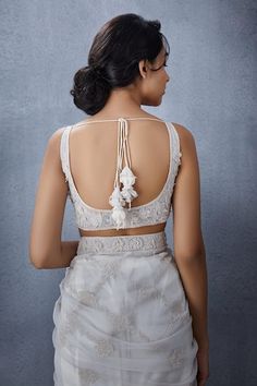 Buy White Organza Embroidered Floral Leaf Neck Swetah Faraah Blouse For Women by Torani Online at Aza Fashions. White Blouse Designs, Sleeveless Blouse Designs, Backless Blouse Designs, New Saree Blouse Designs, Latest Model Blouse Designs, Fashionable Saree Blouse Designs, Indian Saree Blouses Designs, Blouse Designs Indian, Saree Blouse Patterns