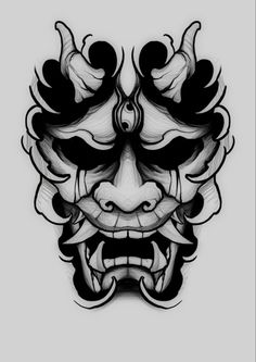 Hannah Mask Tattoo Design, Japanese Face Mask Tattoo, Asian Mask Tattoo, Henya Masks Tattoo, Demon Flash Tattoo, ခြေထောက် Tattoo, Demon Face Drawing, Japanese Hannya Mask Tattoo Design, Japanese Mask Tattoo Design