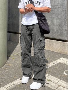 Men Straight Loose Fit Cargo Pants, Gray Grey Street   Denim Plain Cargo Pants Slight Stretch  Men Clothing, size features are:Bust: ,Length: ,Sleeve Length: Men Cargo Pants On Women, Fitted Cargo Pants Mens, Where To Get Cargo Pants Men, Best Shoes For Cargo Pants Men, Cargo Pants Outfit Ideas Men, Grey Cargo Outfit Men, Cargo Pants Style Man, Pantalon Cargo Outfits Hombre, Grey Cargo Pants Outfit Men