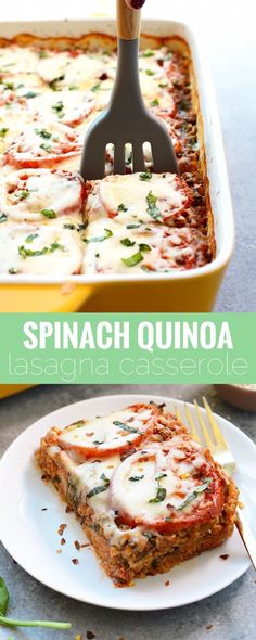 spinach quinoa lasagna casserole on a plate with a spatula