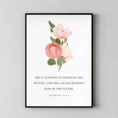 a pink flower with a bible verse on the front and back of it in black frame