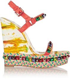 Christian Louboutin Cataclou 140 embellished suede and leather wedge sandals High Heels Outfit, Christian Louboutin Outlet, Red Bottom Shoes, Christian Louboutin Boots, Red High Heels, Colorful Bags, Wedge Heel Sandals, Leather Wedge Sandals, Red Bottoms