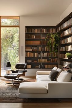 a living room filled with furniture and bookshelves covered in lots of bookcases