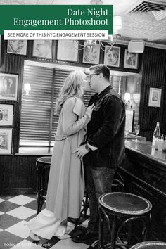 a man and woman kissing in front of a bar with the caption date night engagement photoshoot