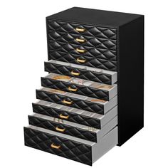 five drawers are stacked on top of each other with gold handles and black quilting