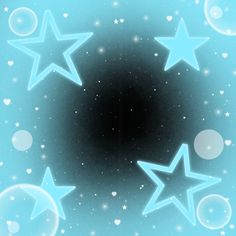 blue and white stars are in the middle of a black circle with bubbles on it