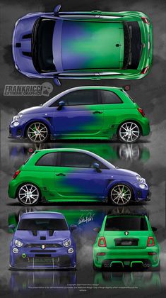 three different colored cars are shown side by side in the same color scheme, one is blue and green