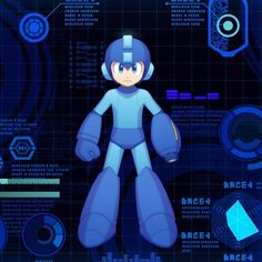 an animated character is standing in front of some blue and black shapes on a dark background