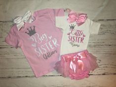 "Custom coordinating sister set! All in pink, silver and white glitter! {OPTIONS} Pink tutu/diaper cover/bloomers, soft and stretchy Big white or pink headband bows! One size stretchy (won't fit preemies) If you want 2 of the same colors leave a message. {ADD ON} TO CHANGE TO LONG SLEEVE purchase this link too: https://etsy.me/2VsO6nd NEED AN EXTRA SHIRT? Purchase this link too: https://etsy.me/2GQoHM1 {COLORS} Colors will be as shown in the main photo unless another color is requested. ONLY add Big Sister Little Sister, Matching Sisters, Girls Sister, Shower Outfits, Big Sister Gifts, Baby Shower Outfit, Matching Outfit, Princess Girl, Sister Shirts