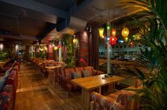 an empty restaurant with wooden tables and colorful chairs in front of the windows, along with potted plants