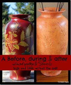 two vases with designs painted on them, one is red and the other has yellow flowers