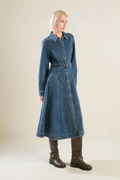 A washed denim midi dress featuring shirt collar, long sleeve, button down with self belt and full skirt 92% COTTON 8%POLYESTER Belted Midi Denim Dress For Work, Belted Midi Denim Dress In Medium Wash, Belted Medium Wash Dress For Work, Belted Long Sleeve Denim Dress For Work, Chic Belted Denim Dress For Fall, Belted Medium Wash Denim Dress For Work, Chic Medium Wash Belted Denim Dress, Denim Shirt Dress For Work And Fall, Fall Denim Dress With Button Closure For Work