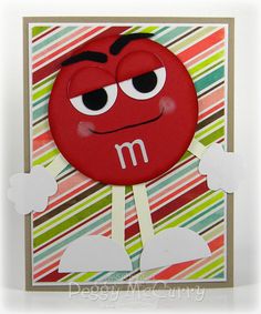 a close up of a greeting card with a red apple on it's face