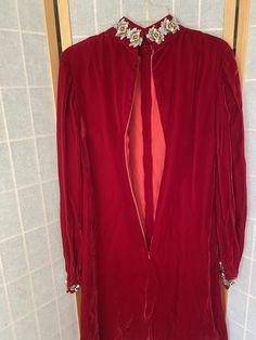 "1960's red velvet 1960's long sleeve shirt dress with ornate collar and cuffs. Invisible zipper up the back Size small Bust: 35-36\" Hips: 40\" Shoulder to hem: 37.5\"" Peignoir Sets, Vintage Gloves, Long Sleeve Shift Dress, Beaded Collar, Long Sleeve Shirt Dress, Collar And Cuff, Night Gown, Shift Dress, Red Velvet