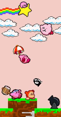 an old - school video game with pigs flying in the sky and other objects floating around