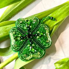 Clover Beaded Brooch, Handmade Embroidered Accessory, Dark - Inspire Uplift Green Beaded Brooches As Gift, Green Beaded Brooches For Gift, Unique Green Beaded Brooches, Beads Brooch, Embroidered Accessories, Damaged Clothes, Embroidered Jewelry, Embroidered Brooch, Brooch Handmade