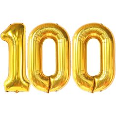 the number 100 is made out of gold foil balloons and sits in front of a white background