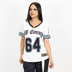 The All New FB County Classic Signature Jersey is here! This design was inspired by our original "64" embroidered jersey's produced in the 90's complemented with our classic signature logo. Due to some supply chain delays we could only bring in a very small amount in of each size! So be sure to grab one while they last! Manufactured by FB County Custom Embroidery Heavy Duty Fabric Limited Stock Model is 5'3 and is wearing a Extra Small Hello Kitty Birthday Theme, Fb County, Womens Football, Custom Embroidery, Supply Chain, Signature Logo, Grey And White, White And Black, Black And Grey