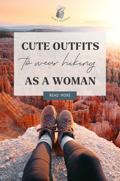 A Pinterest graphic with a picture of hiking boots overlooking Bryce Canyon and text that reads: Cute Outfits to Wear Hiking as a Woman (with the logo from Renee Roaming at the top of the design) Cute Hiking Outfit Summer Leggings, Travel Hiking Outfits, Hiking Outfit Fall Aesthetic, Mountain Hiking Outfit Winter, Timberland Euro Hiker Woman Outfit, Fall Hiking Outfits For Women 2023, Cute Hiking Boots Outfits, Stylish Hiking Outfit Fall, Outdoor Wear Women Hiking Style