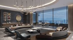 a large living room with modern furniture and floor to ceiling windows overlooking the cityscape