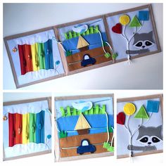 three pictures of different things made out of felt and paper, including a raccoon