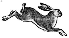 a black and white drawing of a rabbit jumping in the air with its ears open