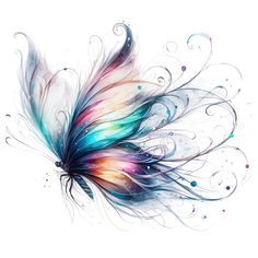 a colorful feather with swirls and bubbles on it's tail, flying through the air