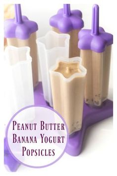 peanut butter banana yogurt popsicles on a purple tray with text overlay