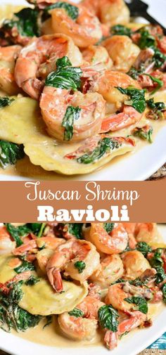 two plates with shrimp and spinach on them