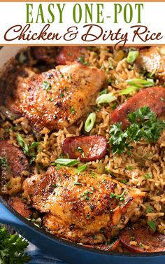 one pot chicken and dirty rice recipe in a blue skillet