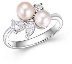 Whether you're headed to the office or out for a night of fun, bring sparkling elegance to your look with this beautiful ring that's anchored by two cultured freshwater pearls. Pearl Ring For Wedding, Pearl White Pearl Ring For Anniversary, Pearl Ring For Party, Wedding Pearl Jewelry With Open Ring Shape, Wedding Pearl Open Ring Jewelry, Wedding Pearl Jewelry With Open Ring Design, Party Pearl Ring Jewelry, Elegant Silver Pearl Ring For Party, Elegant Pearl Ring For Party