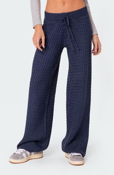 Cable stitching lends flirty detail to cozy pants knit from a chunky yarn and perfected by kicky flare legs. Drawstring waist 50% polyester, 50% rayon Machine wash, dry flat Imported Cable Knit Pants, Cozy Pants, Perfect Pant, Cozy Hoodie, Swimwear Dress, T B, Knit Pants, S Models, Fitness Inspo