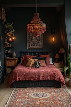 Dark boho bedroom with a maroon tassel chandelier as the main lighting piece. Goth Room Decor Ideas, Dark Bohemian Aesthetic, Whimsical Goth Room, Black Boho Bedroom, Boho Witchy Bedroom, Maximalist Bedroom Ideas, Witchy Bedroom Ideas, Dark Boho Bedroom, Witchy Bedroom