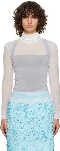 Semi-sheer polyester jersey turtleneck. Supplier color: White Chic Sheer Turtleneck Mesh Top, Fitted Sheer Turtleneck Mesh Top, Sheer High Neck Mesh Top For Spring, Sheer High Neck Mesh Top For Layering, High Neck Sheer Mesh Top For Layering, Spring Tops With Sheer Sleeves In Nylon, Spring Nylon Tops With Sheer Sleeves, Spring Turtleneck Mesh Top With Sheer Sleeves, Spring Sheer Turtleneck Mesh Top