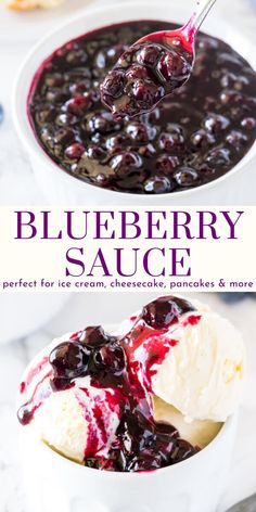 blueberry sauce in a white bowl with ice cream