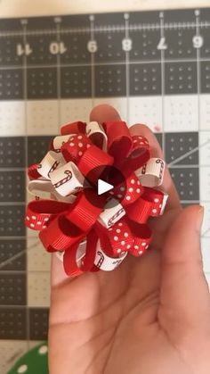 someone is holding a small red and white bow