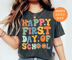 Groovy Happy First Day of School Tees for Kids and Adults. These make adorable Back to School Gifts for Staff and Students! SHOP MORE SCHOOL: https://etsy.me/3M5a8Vj Shop with Confidence! We are a 5-Star Rated Shop operating since 2015! Price is Per Shirt- here's how to order: 1. Select your shirt design, color & size in the drop down menu. 2. Click Add to Cart, then go back and repeat for each shirt. SIZING: * Tees are Unisex, classic fit. Please refer to size chart in listing photos for detail Kindergarten Graduation Gift, Happy First Day Of School, First Day Of School Shirt, Kindergarten Teacher Shirts, School Tees, School Teacher Gifts, Model Call, Kindergarten Teachers, Last Day Of School