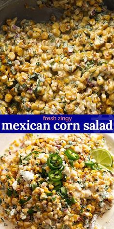 mexican corn salad in a skillet with limes and cilantro on the side