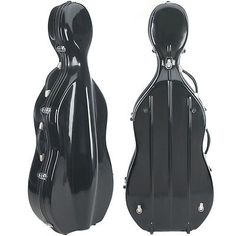 a black guitar case is shown with the front and back sides facing each other in different positions