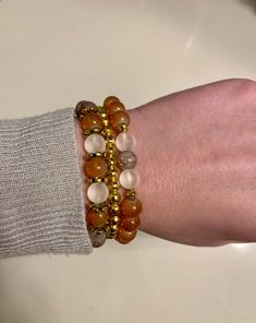 Amber and Gold Beaded Bracelet Set | Etsy Gold Beaded Bracelet, Bracelet Sets, Bracelets Design, Amber Bracelet, Gold Bead Bracelets, Wide Bracelet, Beaded Accessories, Gold Beads, Bracelet Designs