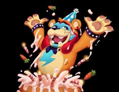 a cartoon character is in the air with his arms outstretched and hands out, surrounded by candy