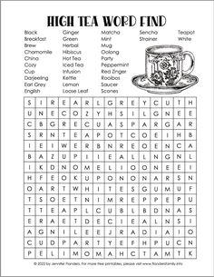 the high tea word search is shown in black and white