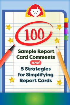 a notebook with the title 100 sample report cards and 5 strategy for simplifying report cards