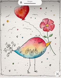 a drawing of a bird holding a flower with a heart shaped balloon in the background