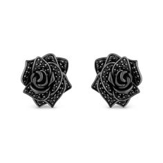 With a whimsical design from the Enchanted Disney Fine Jewelry Villains Collection inspired by Maleficent, these black diamond stud earrings display beauty in darkness. Created in sterling silver with black rhodium plate Each earring showcases a sculpted rose shimmering with black diamonds along the petals. These 1/2 ct. t.w. diamond post earrings secure comfortably with friction backs. ©Disney Black Rose Earrings, Villain Jewelry, Beauty In Darkness, Disney Rings, Black Diamond Earrings Studs, Earrings Display, Enchanted Disney, Enchanted Disney Fine Jewelry, Black Diamond Studs